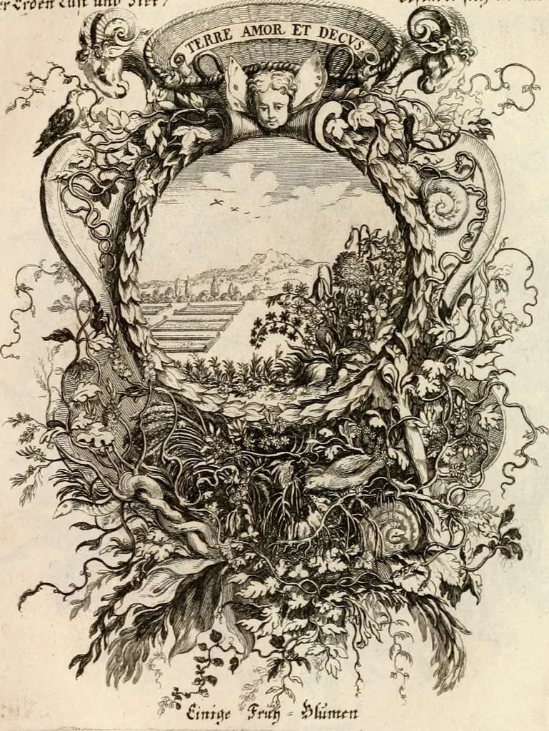 An illustration from Tapisseries du roy, ou sont representez les quatre elemens et les quatre saisons : avec les devises qvi les accompagnent et leur explication = Königliche französische Tapezereyen, oder überaus schöne Sinn-Bilder, in welchen die vier Element, samt den vier Jahr-Zeiten, neben den Dencksprüchen und ihren Ausslegungen, vorgestellet werden, 1690, leaf 96