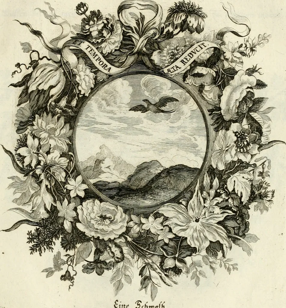 An illustration from Tapisseries du roy, ou sont representez les quatre elemens et les quatre saisons : avec les devises qvi les accompagnent et leur explication = Königliche französische Tapezereyen, oder überaus schöne Sinn-Bilder, in welchen die vier Element, samt den vier Jahr-Zeiten, neben den Dencksprüchen und ihren Ausslegungen, vorgestellet werden, 1690, leaf 98
