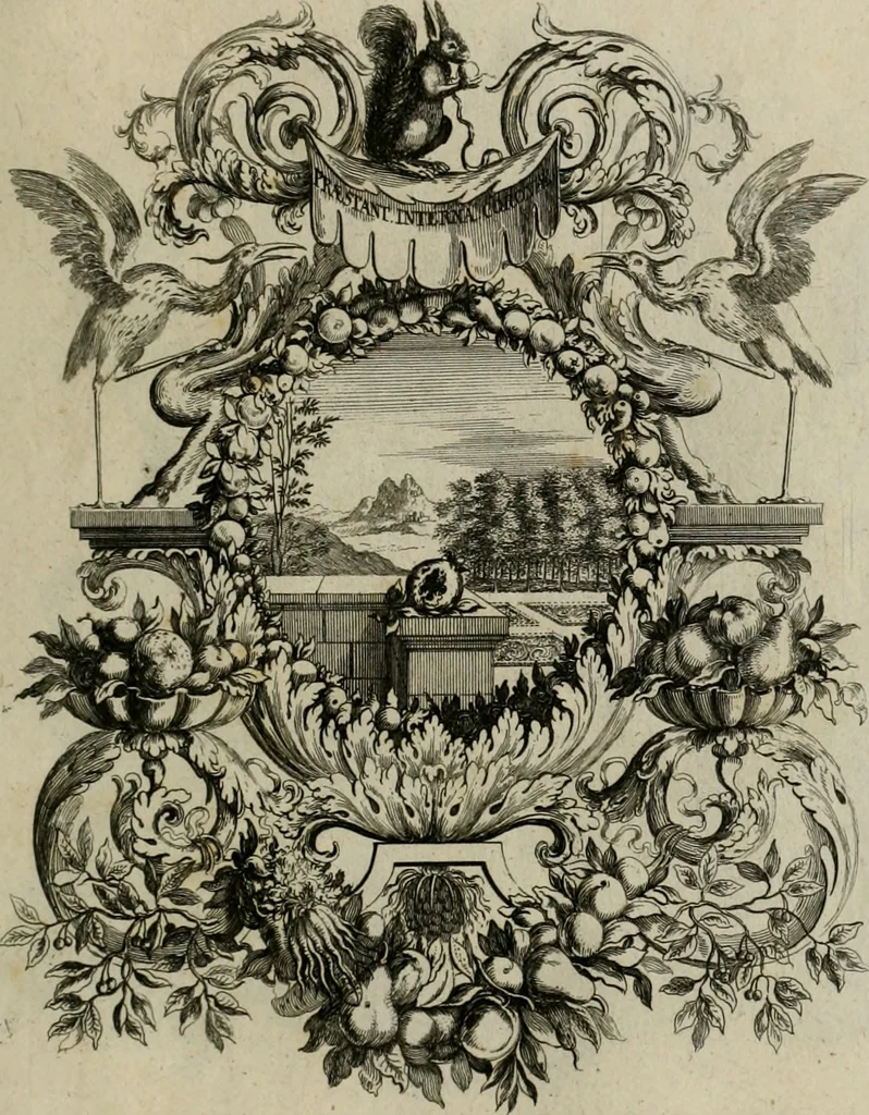 An illustration from Tapisseries du Roy, ou sont representez les quatre elemens et les quatre saisons : avec les devises qui les accompagnent et leur explication. Königliche französische Tapezereyen ..., 1687, leaf 136