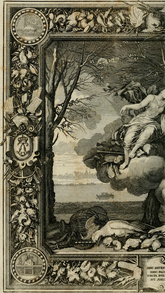 An illustration from Tapisseries du Roy, ou sont representez les quatre elemens et les quatre saisons : avec les devises qui les accompagnent et leur explication. Königliche französische Tapezereyen ..., 1687, leaf 147