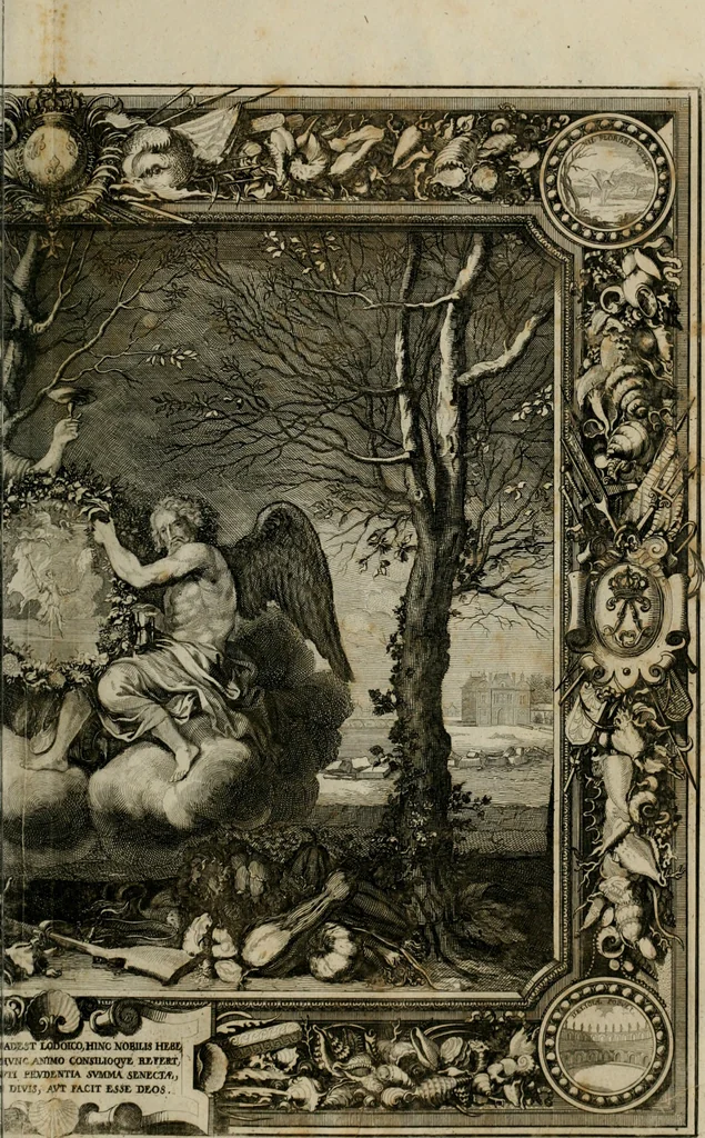 An illustration from Tapisseries du Roy, ou sont representez les quatre elemens et les quatre saisons : avec les devises qui les accompagnent et leur explication. Königliche französische Tapezereyen ..., 1687, leaf 148