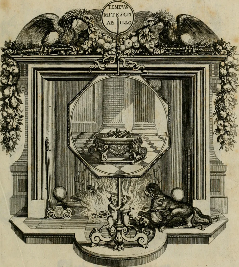 An illustration from Tapisseries du Roy, ou sont representez les quatre elemens et les quatre saisons : avec les devises qui les accompagnent et leur explication. Königliche französische Tapezereyen ..., 1687, leaf 150