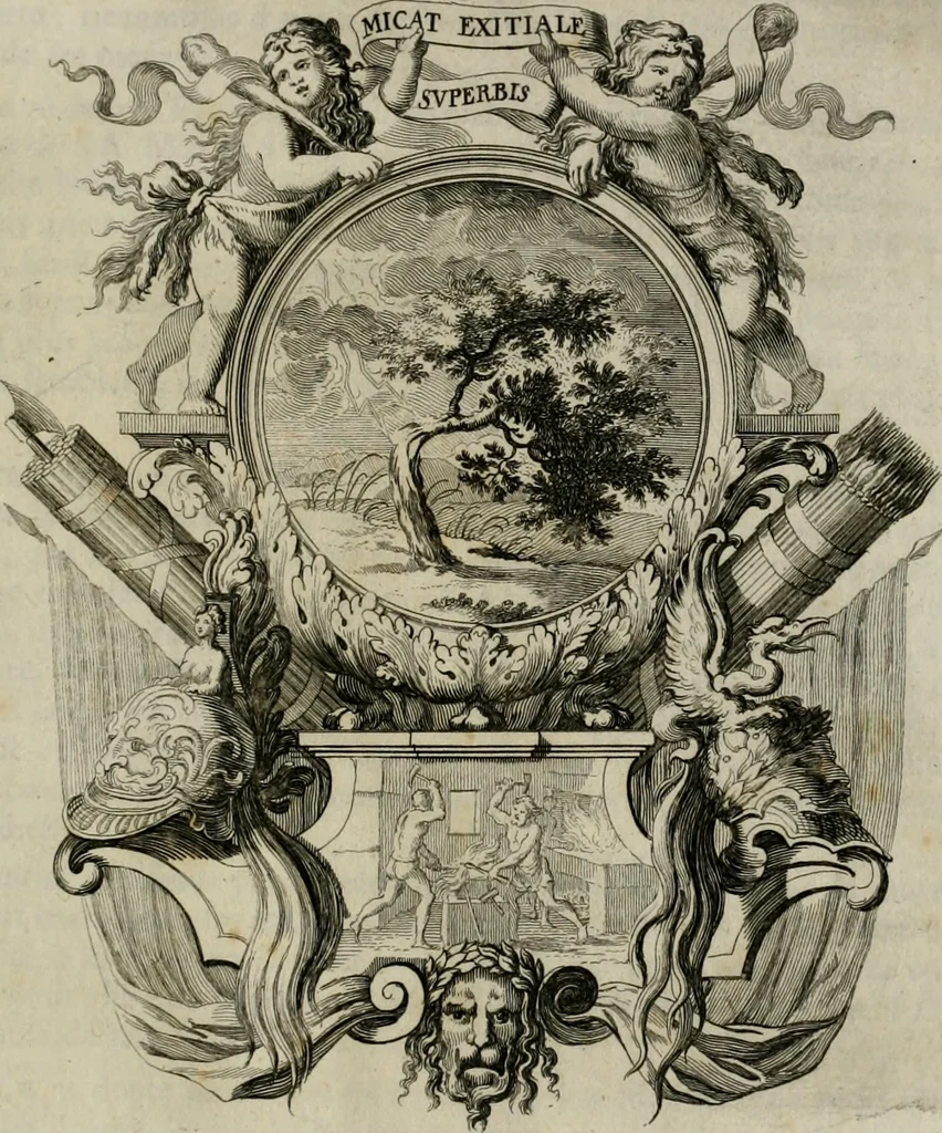 An illustration from Tapisseries du Roy, ou sont representez les quatre elemens et les quatre saisons : avec les devises qui les accompagnent et leur explication. Königliche französische Tapezereyen ..., 1687, leaf 36