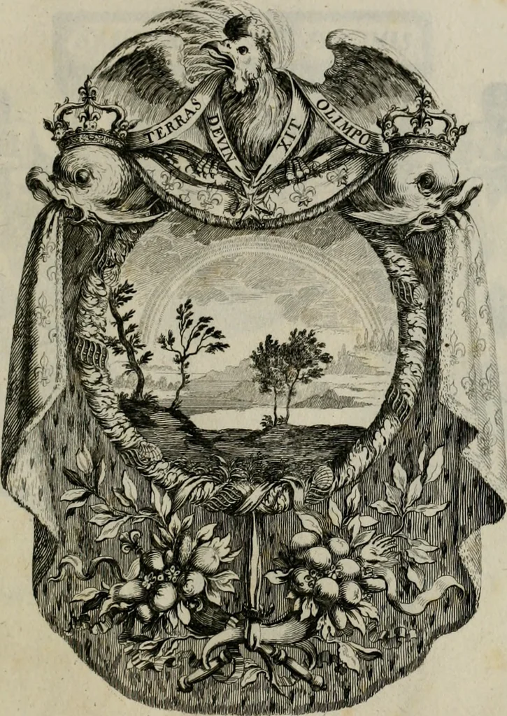 An illustration from Tapisseries du Roy, ou sont representez les quatre elemens et les quatre saisons : avec les devises qui les accompagnent et leur explication. Königliche französische Tapezereyen ..., 1687, leaf 46