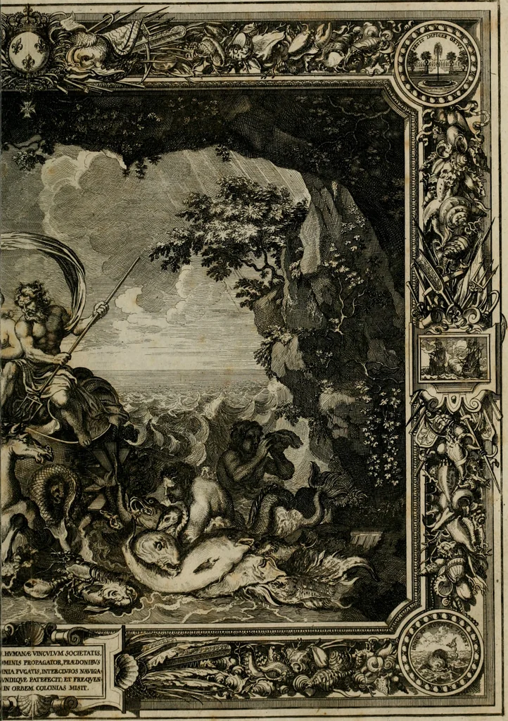An illustration from Tapisseries du Roy, ou sont representez les quatre elemens et les quatre saisons : avec les devises qui les accompagnent et leur explication. Königliche französische Tapezereyen ..., 1687, leaf 58