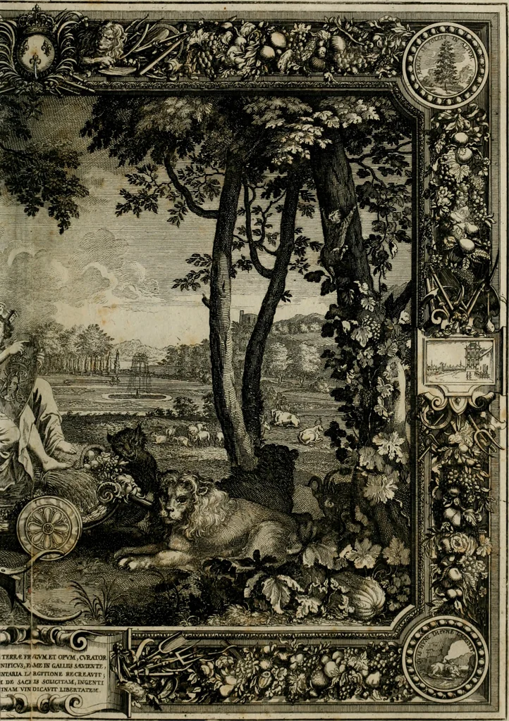 An illustration from Tapisseries du Roy, ou sont representez les quatre elemens et les quatre saisons : avec les devises qui les accompagnent et leur explication. Königliche französische Tapezereyen ..., 1687, leaf 74