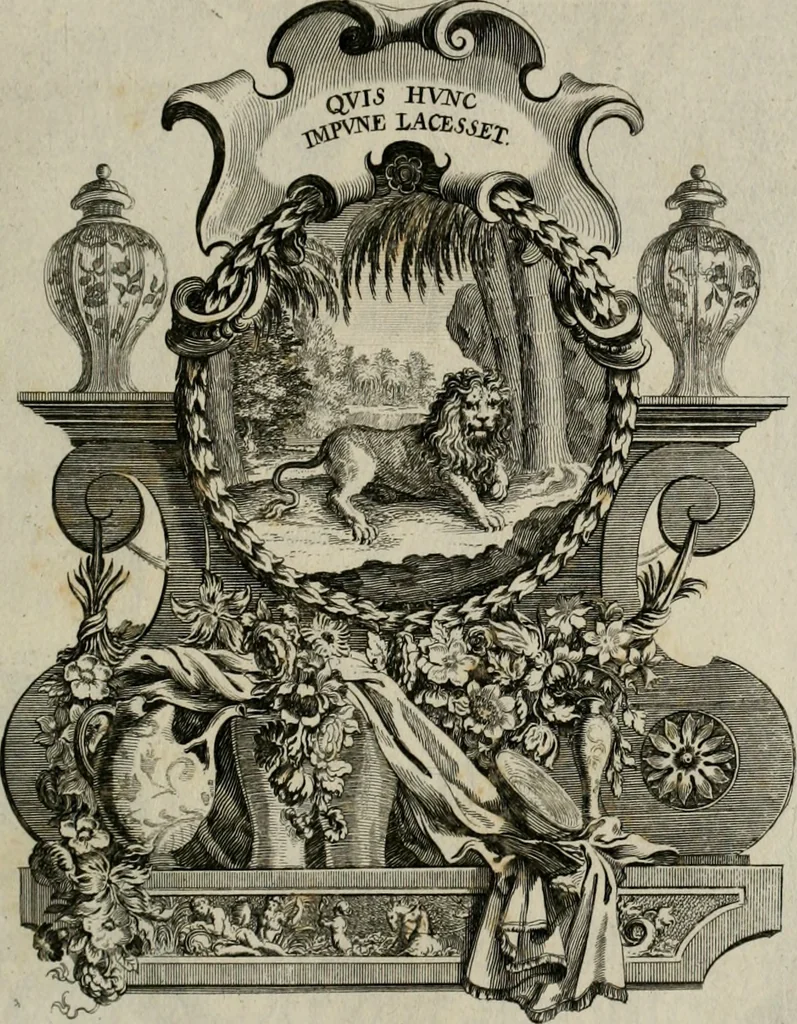 An illustration from Tapisseries du Roy, ou sont representez les quatre elemens et les quatre saisons : avec les devises qui les accompagnent et leur explication. Königliche französische Tapezereyen ..., 1687, leaf 82