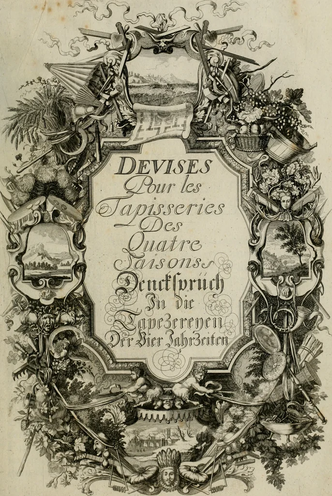An illustration from Tapisseries du Roy, ou sont representez les quatre elemens et les quatre saisons : avec les devises qui les accompagnent et leur explication. Königliche französische Tapezereyen ..., 1687, leaf 84
