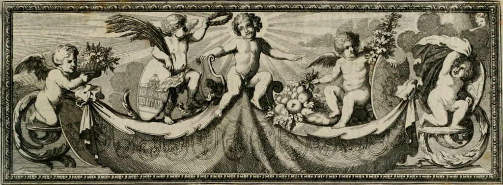 An illustration from Tapisseries du Roy, ou sont representez les quatre elemens et les quatre saisons : avec les devises qui les accompagnent et leur explication. Königliche französische Tapezereyen ..., 1687, leaf 86