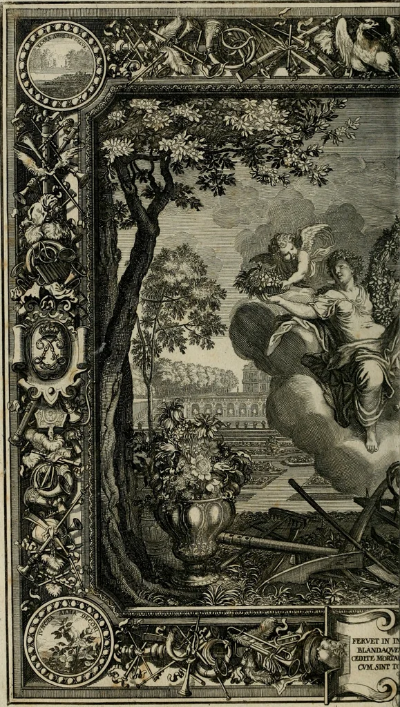 An illustration from Tapisseries du Roy, ou sont representez les quatre elemens et les quatre saisons : avec les devises qui les accompagnent et leur explication. Königliche französische Tapezereyen ..., 1687, leaf 97