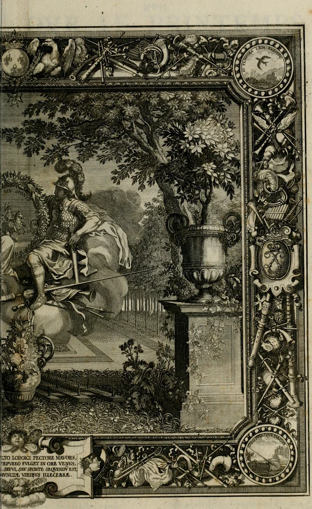 An illustration from Tapisseries du Roy, ou sont representez les quatre elemens et les quatre saisons : avec les devises qui les accompagnent et leur explication. Königliche französische Tapezereyen ..., 1687, leaf 98