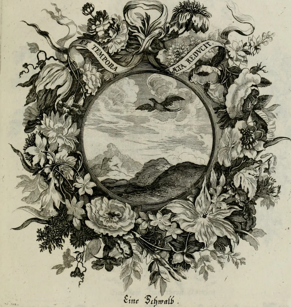 An illustration from Tapisseries du Roy, ou sont representez les quatre elemens et les quatre saisons ; avec les devises qui les accompagnent et leur explication = Königliche französische Tapezereyen, oder überaus schöne Sinn-Bilder, in welchen die vier Element, samt den vier Jahr-Zeiten, neben den Dencksprüchen und ihren Ausslegungen, vorgestellet werden. Aus den Original-Kupffern nachgezeichnet, und den Kunstliebenden zu Nutzen und Ergötzen an den Tag gegeben und verlegt, 1690, leaf 100