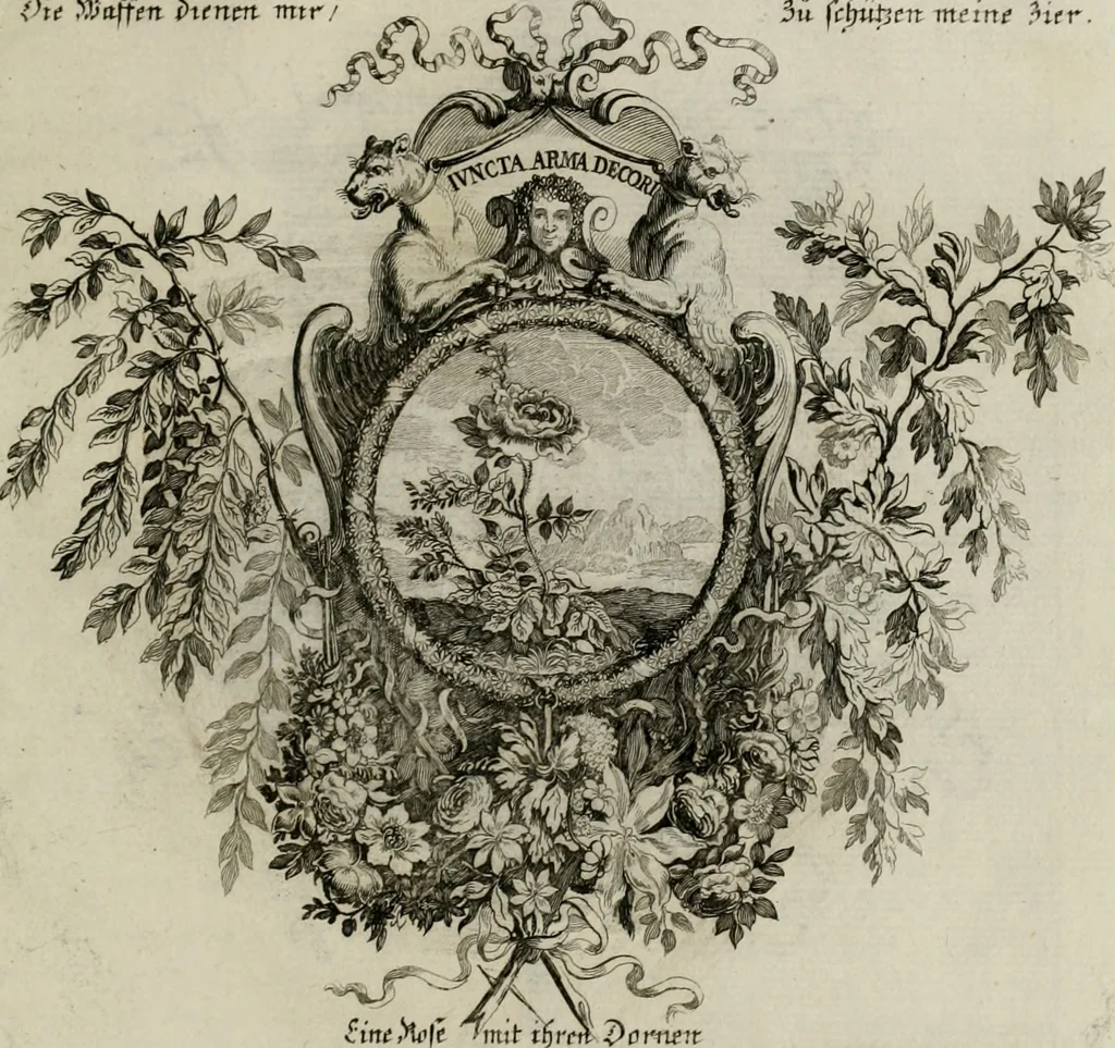 An illustration from Tapisseries du Roy, ou sont representez les quatre elemens et les quatre saisons ; avec les devises qui les accompagnent et leur explication = Königliche französische Tapezereyen, oder überaus schöne Sinn-Bilder, in welchen die vier Element, samt den vier Jahr-Zeiten, neben den Dencksprüchen und ihren Ausslegungen, vorgestellet werden. Aus den Original-Kupffern nachgezeichnet, und den Kunstliebenden zu Nutzen und Ergötzen an den Tag gegeben und verlegt, 1690, leaf 102