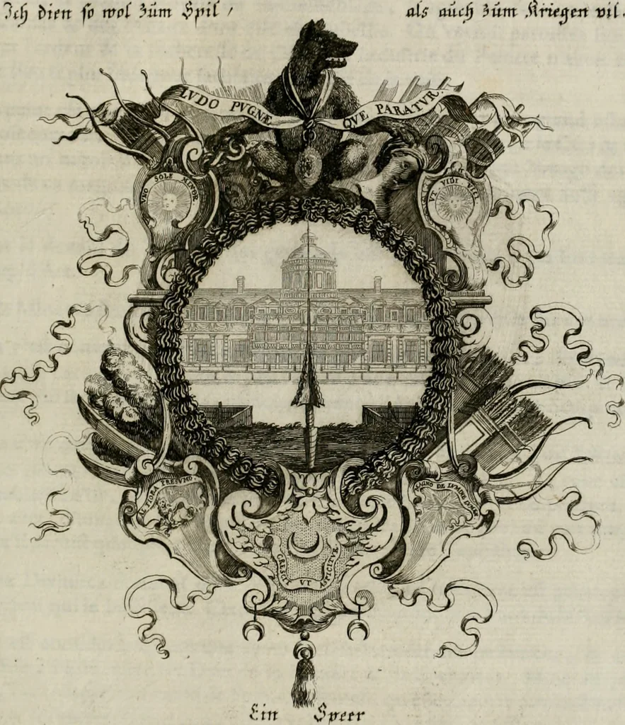 An illustration from Tapisseries du Roy, ou sont representez les quatre elemens et les quatre saisons ; avec les devises qui les accompagnent et leur explication = Königliche französische Tapezereyen, oder überaus schöne Sinn-Bilder, in welchen die vier Element, samt den vier Jahr-Zeiten, neben den Dencksprüchen und ihren Ausslegungen, vorgestellet werden. Aus den Original-Kupffern nachgezeichnet, und den Kunstliebenden zu Nutzen und Ergötzen an den Tag gegeben und verlegt, 1690, leaf 104