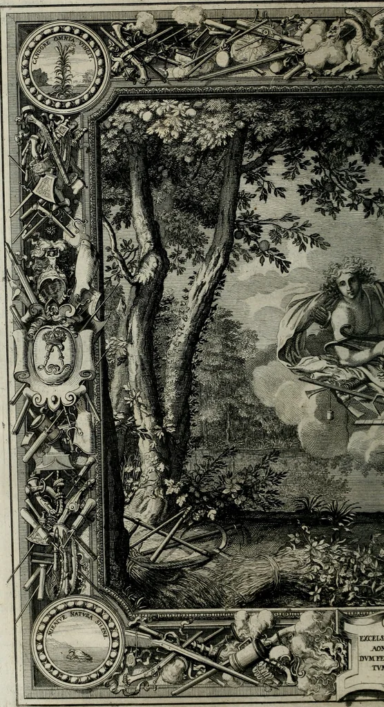 An illustration from Tapisseries du Roy, ou sont representez les quatre elemens et les quatre saisons ; avec les devises qui les accompagnent et leur explication = Königliche französische Tapezereyen, oder überaus schöne Sinn-Bilder, in welchen die vier Element, samt den vier Jahr-Zeiten, neben den Dencksprüchen und ihren Ausslegungen, vorgestellet werden. Aus den Original-Kupffern nachgezeichnet, und den Kunstliebenden zu Nutzen und Ergötzen an den Tag gegeben und verlegt, 1690, leaf 111