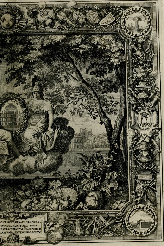 An illustration from Tapisseries du Roy, ou sont representez les quatre elemens et les quatre saisons ; avec les devises qui les accompagnent et leur explication = Königliche französische Tapezereyen, oder überaus schöne Sinn-Bilder, in welchen die vier Element, samt den vier Jahr-Zeiten, neben den Dencksprüchen und ihren Ausslegungen, vorgestellet werden. Aus den Original-Kupffern nachgezeichnet, und den Kunstliebenden zu Nutzen und Ergötzen an den Tag gegeben und verlegt, 1690, leaf 112