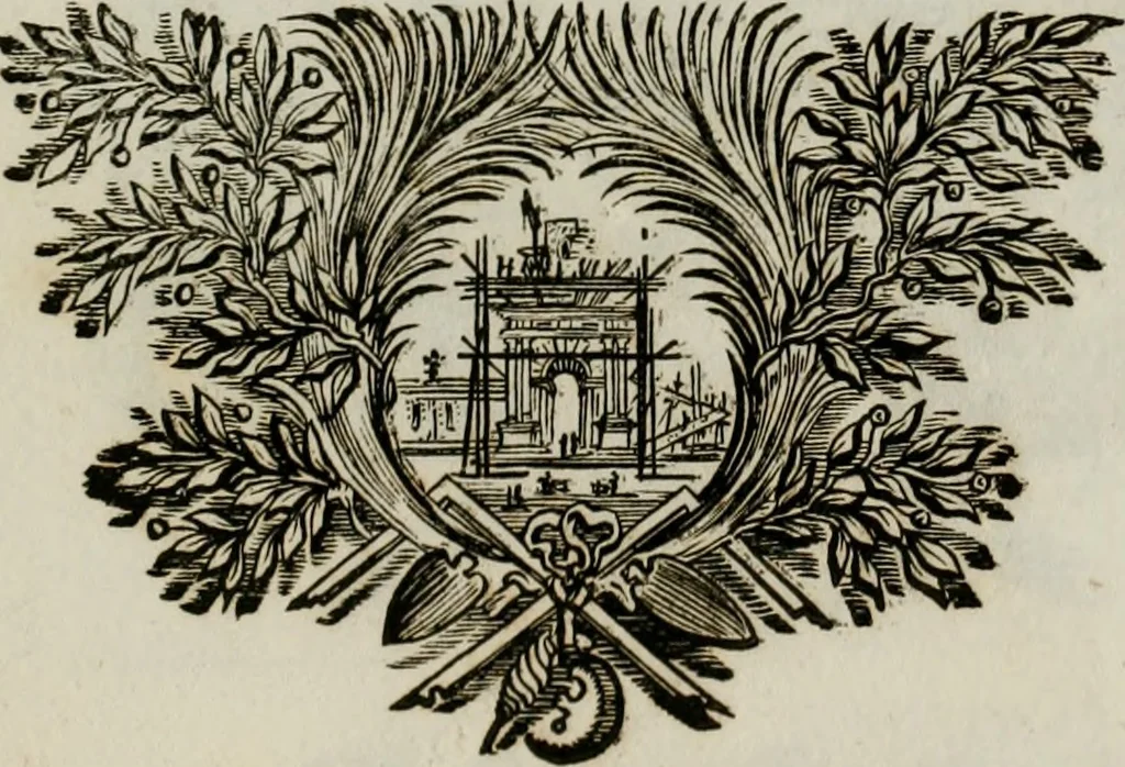 An illustration from Tapisseries du Roy, ou sont representez les quatre elemens et les quatre saisons ; avec les devises qui les accompagnent et leur explication = Königliche französische Tapezereyen, oder überaus schöne Sinn-Bilder, in welchen die vier Element, samt den vier Jahr-Zeiten, neben den Dencksprüchen und ihren Ausslegungen, vorgestellet werden. Aus den Original-Kupffern nachgezeichnet, und den Kunstliebenden zu Nutzen und Ergötzen an den Tag gegeben und verlegt, 1690, leaf 114