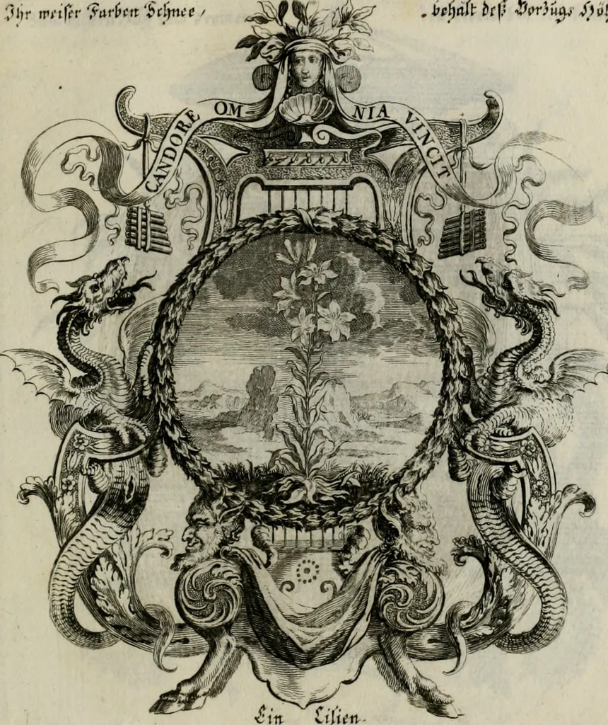 An illustration from Tapisseries du Roy, ou sont representez les quatre elemens et les quatre saisons ; avec les devises qui les accompagnent et leur explication = Königliche französische Tapezereyen, oder überaus schöne Sinn-Bilder, in welchen die vier Element, samt den vier Jahr-Zeiten, neben den Dencksprüchen und ihren Ausslegungen, vorgestellet werden. Aus den Original-Kupffern nachgezeichnet, und den Kunstliebenden zu Nutzen und Ergötzen an den Tag gegeben und verlegt, 1690, leaf 116