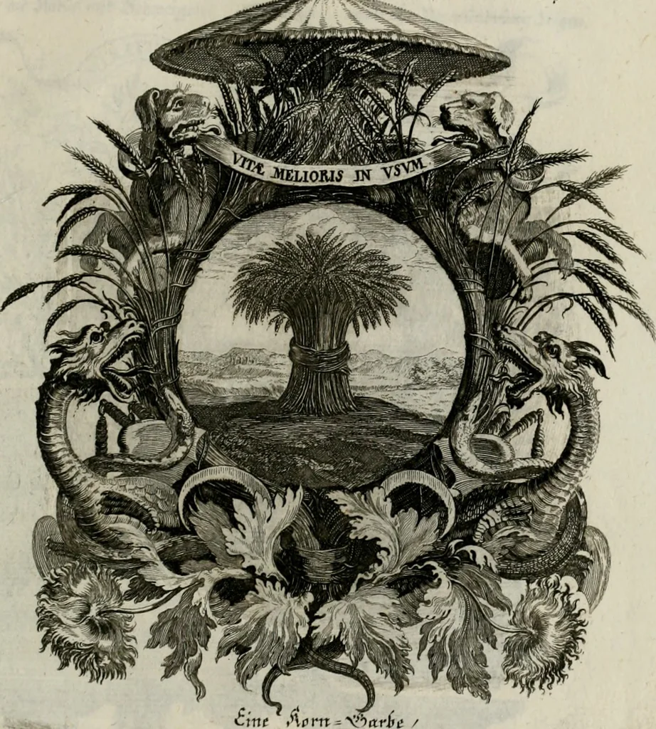 An illustration from Tapisseries du Roy, ou sont representez les quatre elemens et les quatre saisons ; avec les devises qui les accompagnent et leur explication = Königliche französische Tapezereyen, oder überaus schöne Sinn-Bilder, in welchen die vier Element, samt den vier Jahr-Zeiten, neben den Dencksprüchen und ihren Ausslegungen, vorgestellet werden. Aus den Original-Kupffern nachgezeichnet, und den Kunstliebenden zu Nutzen und Ergötzen an den Tag gegeben und verlegt, 1690, leaf 118