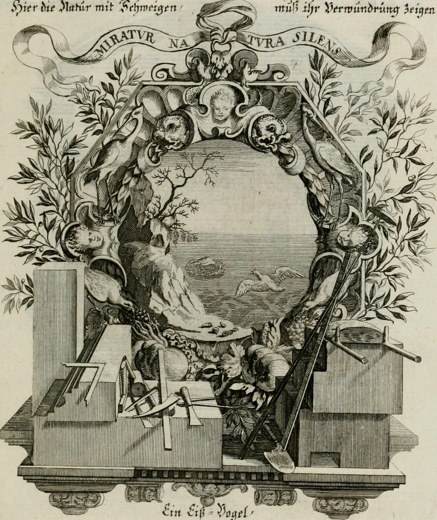 An illustration from Tapisseries du Roy, ou sont representez les quatre elemens et les quatre saisons ; avec les devises qui les accompagnent et leur explication = Königliche französische Tapezereyen, oder überaus schöne Sinn-Bilder, in welchen die vier Element, samt den vier Jahr-Zeiten, neben den Dencksprüchen und ihren Ausslegungen, vorgestellet werden. Aus den Original-Kupffern nachgezeichnet, und den Kunstliebenden zu Nutzen und Ergötzen an den Tag gegeben und verlegt, 1690, leaf 120