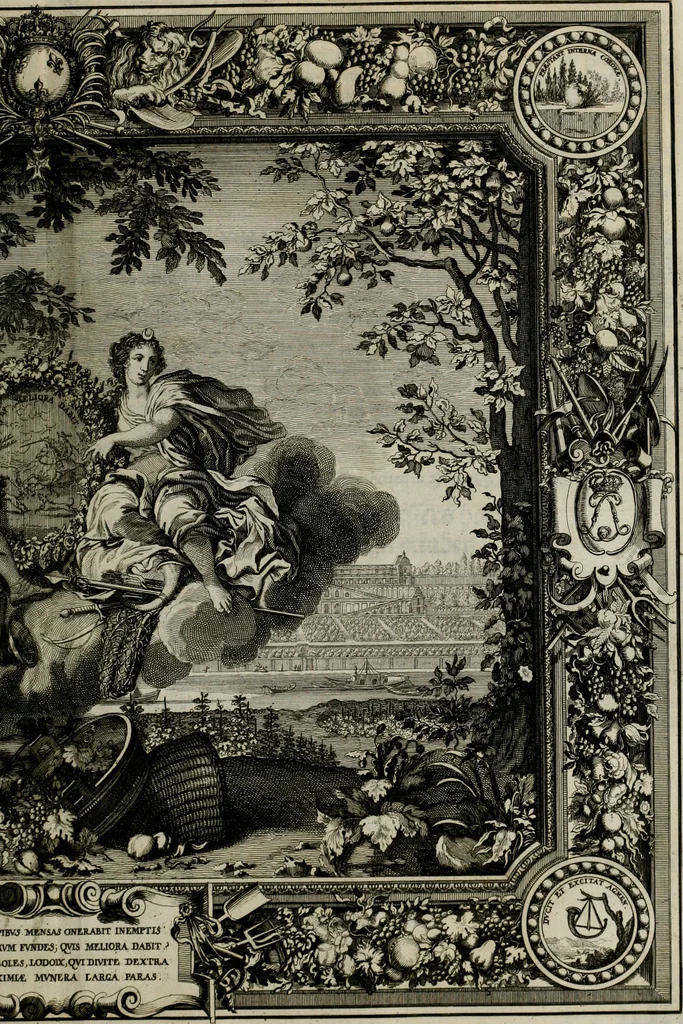 An illustration from Tapisseries du Roy, ou sont representez les quatre elemens et les quatre saisons ; avec les devises qui les accompagnent et leur explication = Königliche französische Tapezereyen, oder überaus schöne Sinn-Bilder, in welchen die vier Element, samt den vier Jahr-Zeiten, neben den Dencksprüchen und ihren Ausslegungen, vorgestellet werden. Aus den Original-Kupffern nachgezeichnet, und den Kunstliebenden zu Nutzen und Ergötzen an den Tag gegeben und verlegt, 1690, leaf 128