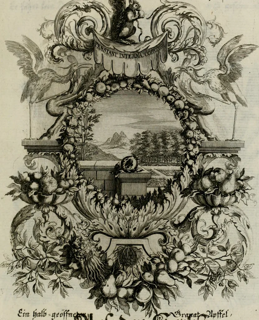 An illustration from Tapisseries du Roy, ou sont representez les quatre elemens et les quatre saisons ; avec les devises qui les accompagnent et leur explication = Königliche französische Tapezereyen, oder überaus schöne Sinn-Bilder, in welchen die vier Element, samt den vier Jahr-Zeiten, neben den Dencksprüchen und ihren Ausslegungen, vorgestellet werden. Aus den Original-Kupffern nachgezeichnet, und den Kunstliebenden zu Nutzen und Ergötzen an den Tag gegeben und verlegt, 1690, leaf 134