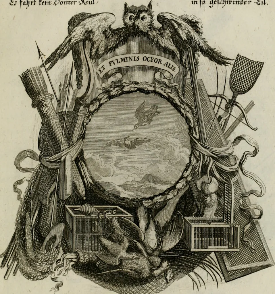 An illustration from Tapisseries du Roy, ou sont representez les quatre elemens et les quatre saisons ; avec les devises qui les accompagnent et leur explication = Königliche französische Tapezereyen, oder überaus schöne Sinn-Bilder, in welchen die vier Element, samt den vier Jahr-Zeiten, neben den Dencksprüchen und ihren Ausslegungen, vorgestellet werden. Aus den Original-Kupffern nachgezeichnet, und den Kunstliebenden zu Nutzen und Ergötzen an den Tag gegeben und verlegt, 1690, leaf 136