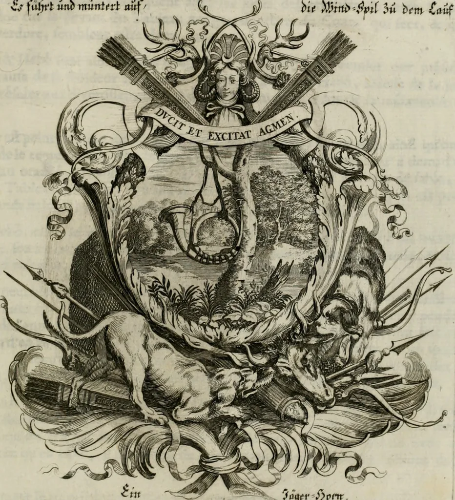 An illustration from Tapisseries du Roy, ou sont representez les quatre elemens et les quatre saisons ; avec les devises qui les accompagnent et leur explication = Königliche französische Tapezereyen, oder überaus schöne Sinn-Bilder, in welchen die vier Element, samt den vier Jahr-Zeiten, neben den Dencksprüchen und ihren Ausslegungen, vorgestellet werden. Aus den Original-Kupffern nachgezeichnet, und den Kunstliebenden zu Nutzen und Ergötzen an den Tag gegeben und verlegt, 1690, leaf 138