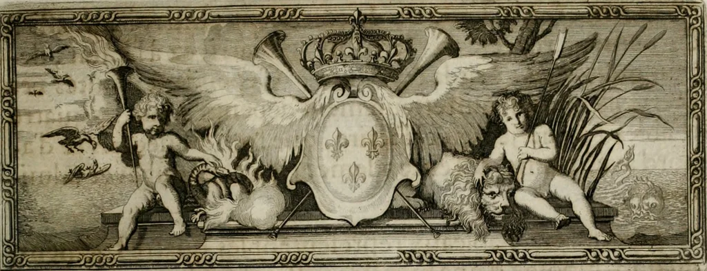 An illustration from Tapisseries du Roy, ou sont representez les quatre elemens et les quatre saisons ; avec les devises qui les accompagnent et leur explication = Königliche französische Tapezereyen, oder überaus schöne Sinn-Bilder, in welchen die vier Element, samt den vier Jahr-Zeiten, neben den Dencksprüchen und ihren Ausslegungen, vorgestellet werden. Aus den Original-Kupffern nachgezeichnet, und den Kunstliebenden zu Nutzen und Ergötzen an den Tag gegeben und verlegt, 1690, leaf 14