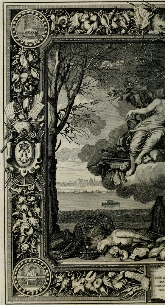 An illustration from Tapisseries du Roy, ou sont representez les quatre elemens et les quatre saisons ; avec les devises qui les accompagnent et leur explication = Königliche französische Tapezereyen, oder überaus schöne Sinn-Bilder, in welchen die vier Element, samt den vier Jahr-Zeiten, neben den Dencksprüchen und ihren Ausslegungen, vorgestellet werden. Aus den Original-Kupffern nachgezeichnet, und den Kunstliebenden zu Nutzen und Ergötzen an den Tag gegeben und verlegt, 1690, leaf 143