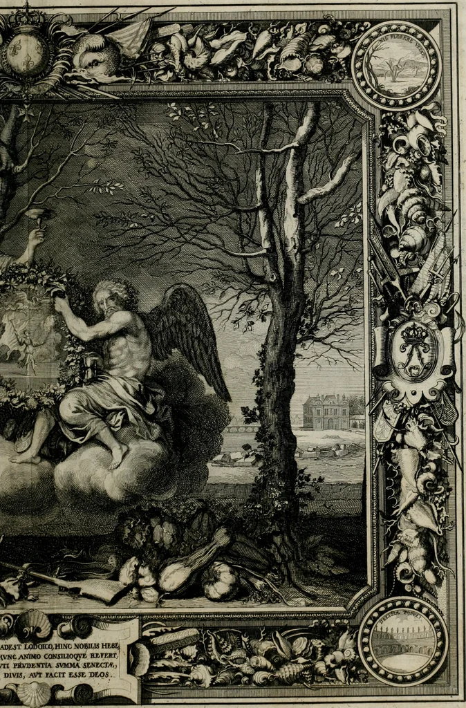 An illustration from Tapisseries du Roy, ou sont representez les quatre elemens et les quatre saisons ; avec les devises qui les accompagnent et leur explication = Königliche französische Tapezereyen, oder überaus schöne Sinn-Bilder, in welchen die vier Element, samt den vier Jahr-Zeiten, neben den Dencksprüchen und ihren Ausslegungen, vorgestellet werden. Aus den Original-Kupffern nachgezeichnet, und den Kunstliebenden zu Nutzen und Ergötzen an den Tag gegeben und verlegt, 1690, leaf 144