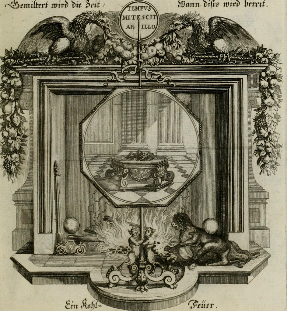 An illustration from Tapisseries du Roy, ou sont representez les quatre elemens et les quatre saisons ; avec les devises qui les accompagnent et leur explication = Königliche französische Tapezereyen, oder überaus schöne Sinn-Bilder, in welchen die vier Element, samt den vier Jahr-Zeiten, neben den Dencksprüchen und ihren Ausslegungen, vorgestellet werden. Aus den Original-Kupffern nachgezeichnet, und den Kunstliebenden zu Nutzen und Ergötzen an den Tag gegeben und verlegt, 1690, leaf 148