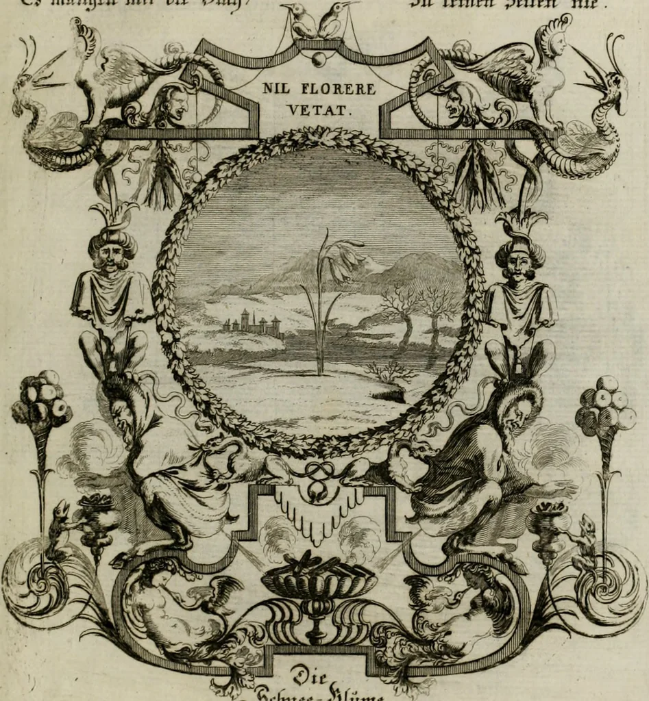 An illustration from Tapisseries du Roy, ou sont representez les quatre elemens et les quatre saisons ; avec les devises qui les accompagnent et leur explication = Königliche französische Tapezereyen, oder überaus schöne Sinn-Bilder, in welchen die vier Element, samt den vier Jahr-Zeiten, neben den Dencksprüchen und ihren Ausslegungen, vorgestellet werden. Aus den Original-Kupffern nachgezeichnet, und den Kunstliebenden zu Nutzen und Ergötzen an den Tag gegeben und verlegt, 1690, leaf 150