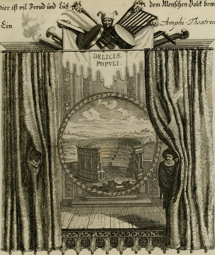 An illustration from Tapisseries du Roy, ou sont representez les quatre elemens et les quatre saisons ; avec les devises qui les accompagnent et leur explication = Königliche französische Tapezereyen, oder überaus schöne Sinn-Bilder, in welchen die vier Element, samt den vier Jahr-Zeiten, neben den Dencksprüchen und ihren Ausslegungen, vorgestellet werden. Aus den Original-Kupffern nachgezeichnet, und den Kunstliebenden zu Nutzen und Ergötzen an den Tag gegeben und verlegt, 1690, leaf 154