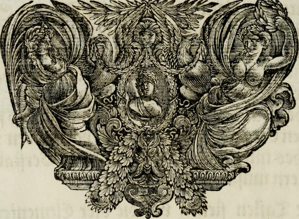 An illustration from Tapisseries du Roy, ou sont representez les quatre elemens et les quatre saisons ; avec les devises qui les accompagnent et leur explication = Königliche französische Tapezereyen, oder überaus schöne Sinn-Bilder, in welchen die vier Element, samt den vier Jahr-Zeiten, neben den Dencksprüchen und ihren Ausslegungen, vorgestellet werden. Aus den Original-Kupffern nachgezeichnet, und den Kunstliebenden zu Nutzen und Ergötzen an den Tag gegeben und verlegt, 1690, leaf 17