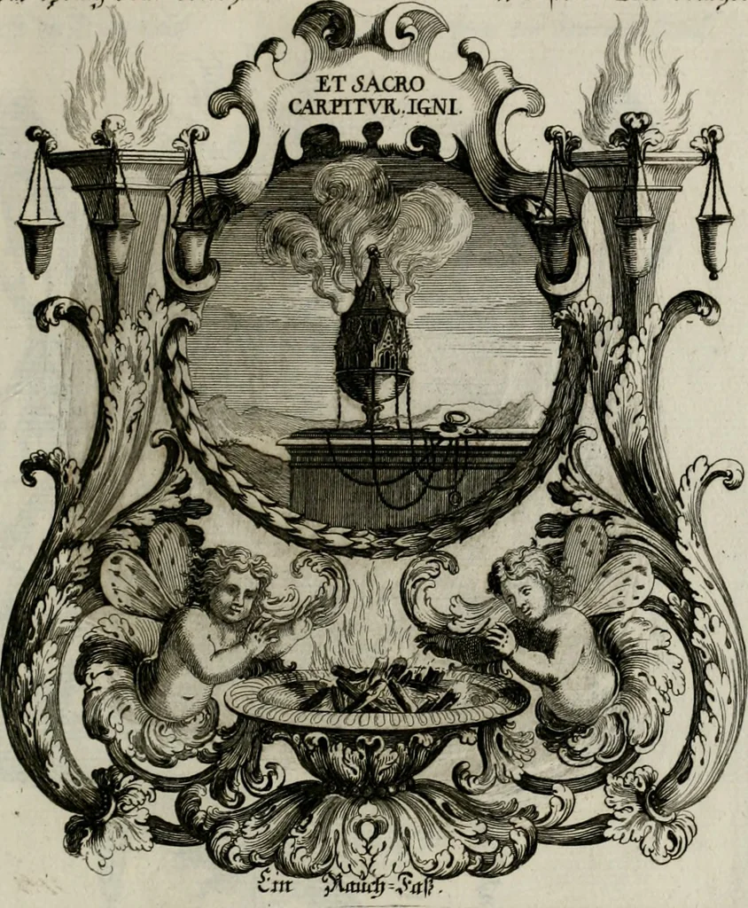 An illustration from Tapisseries du Roy, ou sont representez les quatre elemens et les quatre saisons ; avec les devises qui les accompagnent et leur explication = Königliche französische Tapezereyen, oder überaus schöne Sinn-Bilder, in welchen die vier Element, samt den vier Jahr-Zeiten, neben den Dencksprüchen und ihren Ausslegungen, vorgestellet werden. Aus den Original-Kupffern nachgezeichnet, und den Kunstliebenden zu Nutzen und Ergötzen an den Tag gegeben und verlegt, 1690, leaf 28