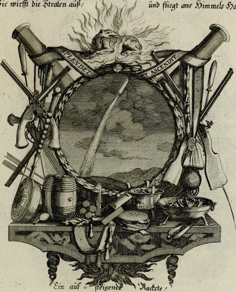 An illustration from Tapisseries du Roy, ou sont representez les quatre elemens et les quatre saisons ; avec les devises qui les accompagnent et leur explication = Königliche französische Tapezereyen, oder überaus schöne Sinn-Bilder, in welchen die vier Element, samt den vier Jahr-Zeiten, neben den Dencksprüchen und ihren Ausslegungen, vorgestellet werden. Aus den Original-Kupffern nachgezeichnet, und den Kunstliebenden zu Nutzen und Ergötzen an den Tag gegeben und verlegt, 1690, leaf 30