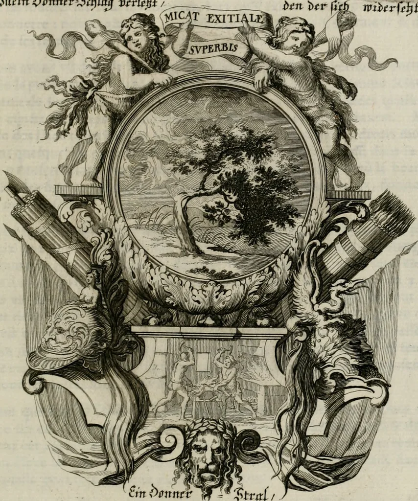 An illustration from Tapisseries du Roy, ou sont representez les quatre elemens et les quatre saisons ; avec les devises qui les accompagnent et leur explication = Königliche französische Tapezereyen, oder überaus schöne Sinn-Bilder, in welchen die vier Element, samt den vier Jahr-Zeiten, neben den Dencksprüchen und ihren Ausslegungen, vorgestellet werden. Aus den Original-Kupffern nachgezeichnet, und den Kunstliebenden zu Nutzen und Ergötzen an den Tag gegeben und verlegt, 1690, leaf 34