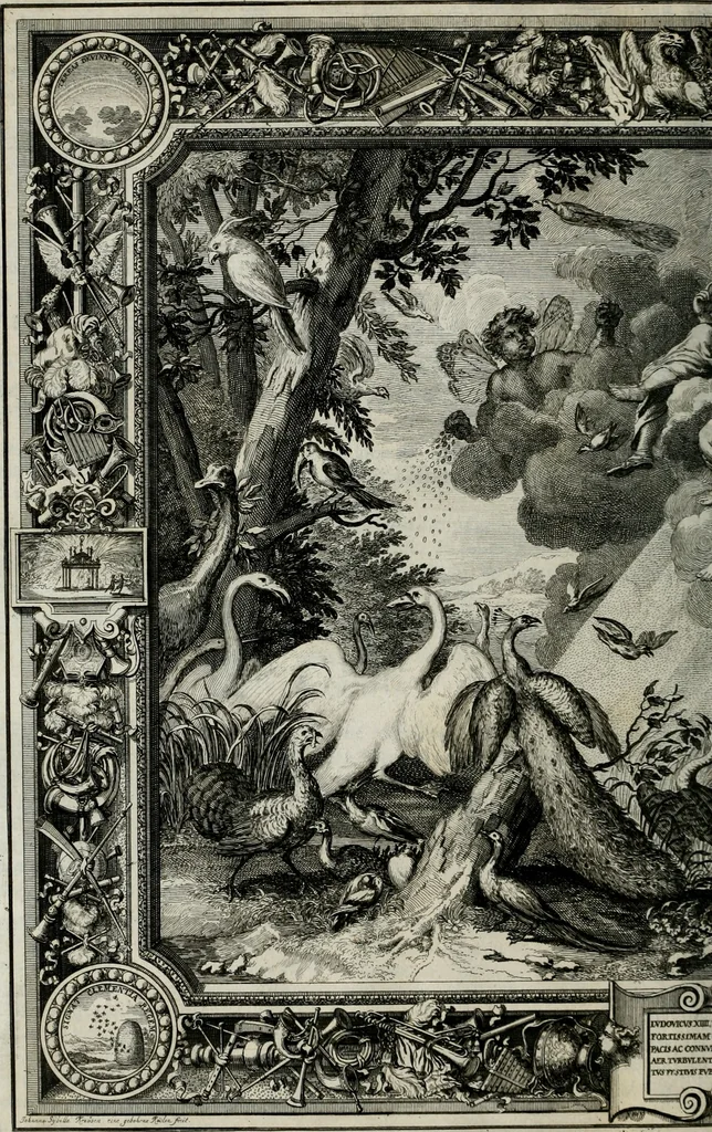 An illustration from Tapisseries du Roy, ou sont representez les quatre elemens et les quatre saisons ; avec les devises qui les accompagnent et leur explication = Königliche französische Tapezereyen, oder überaus schöne Sinn-Bilder, in welchen die vier Element, samt den vier Jahr-Zeiten, neben den Dencksprüchen und ihren Ausslegungen, vorgestellet werden. Aus den Original-Kupffern nachgezeichnet, und den Kunstliebenden zu Nutzen und Ergötzen an den Tag gegeben und verlegt, 1690, leaf 39