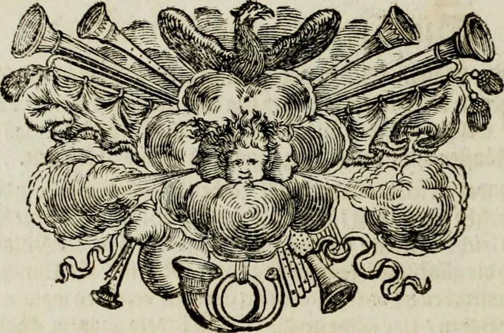 An illustration from Tapisseries du Roy, ou sont representez les quatre elemens et les quatre saisons ; avec les devises qui les accompagnent et leur explication = Königliche französische Tapezereyen, oder überaus schöne Sinn-Bilder, in welchen die vier Element, samt den vier Jahr-Zeiten, neben den Dencksprüchen und ihren Ausslegungen, vorgestellet werden. Aus den Original-Kupffern nachgezeichnet, und den Kunstliebenden zu Nutzen und Ergötzen an den Tag gegeben und verlegt, 1690, leaf 43