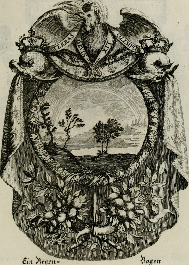 An illustration from Tapisseries du Roy, ou sont representez les quatre elemens et les quatre saisons ; avec les devises qui les accompagnent et leur explication = Königliche französische Tapezereyen, oder überaus schöne Sinn-Bilder, in welchen die vier Element, samt den vier Jahr-Zeiten, neben den Dencksprüchen und ihren Ausslegungen, vorgestellet werden. Aus den Original-Kupffern nachgezeichnet, und den Kunstliebenden zu Nutzen und Ergötzen an den Tag gegeben und verlegt, 1690, leaf 44
