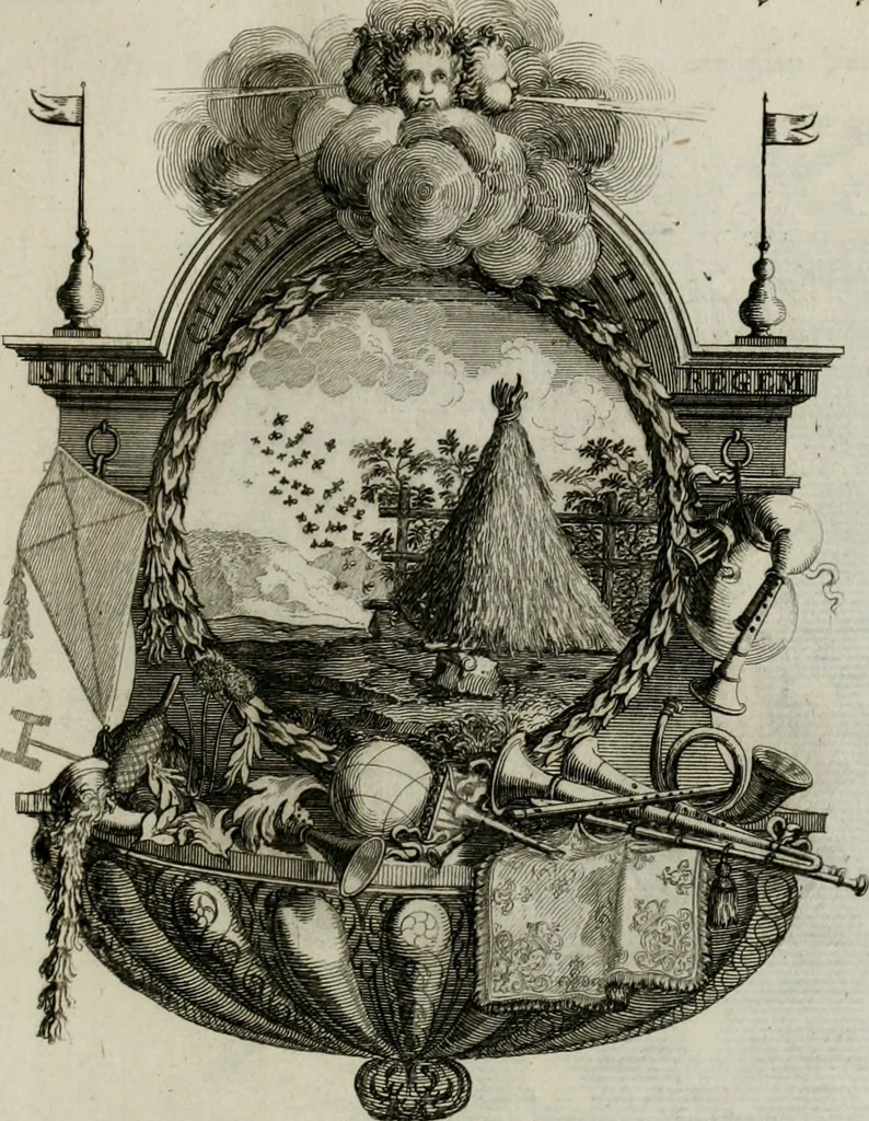 An illustration from Tapisseries du Roy, ou sont representez les quatre elemens et les quatre saisons ; avec les devises qui les accompagnent et leur explication = Königliche französische Tapezereyen, oder überaus schöne Sinn-Bilder, in welchen die vier Element, samt den vier Jahr-Zeiten, neben den Dencksprüchen und ihren Ausslegungen, vorgestellet werden. Aus den Original-Kupffern nachgezeichnet, und den Kunstliebenden zu Nutzen und Ergötzen an den Tag gegeben und verlegt, 1690, leaf 48
