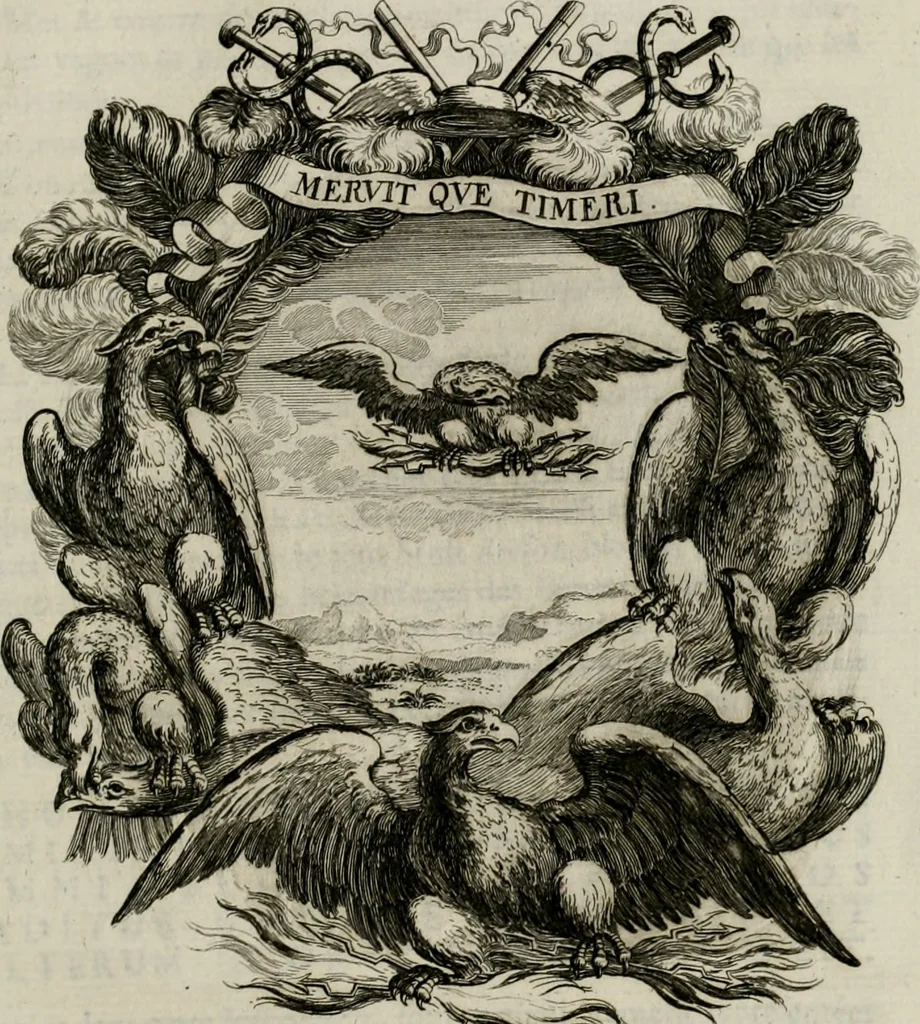 An illustration from Tapisseries du Roy, ou sont representez les quatre elemens et les quatre saisons ; avec les devises qui les accompagnent et leur explication = Königliche französische Tapezereyen, oder überaus schöne Sinn-Bilder, in welchen die vier Element, samt den vier Jahr-Zeiten, neben den Dencksprüchen und ihren Ausslegungen, vorgestellet werden. Aus den Original-Kupffern nachgezeichnet, und den Kunstliebenden zu Nutzen und Ergötzen an den Tag gegeben und verlegt, 1690, leaf 50