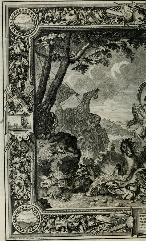 An illustration from Tapisseries du Roy, ou sont representez les quatre elemens et les quatre saisons ; avec les devises qui les accompagnent et leur explication = Königliche französische Tapezereyen, oder überaus schöne Sinn-Bilder, in welchen die vier Element, samt den vier Jahr-Zeiten, neben den Dencksprüchen und ihren Ausslegungen, vorgestellet werden. Aus den Original-Kupffern nachgezeichnet, und den Kunstliebenden zu Nutzen und Ergötzen an den Tag gegeben und verlegt, 1690, leaf 55