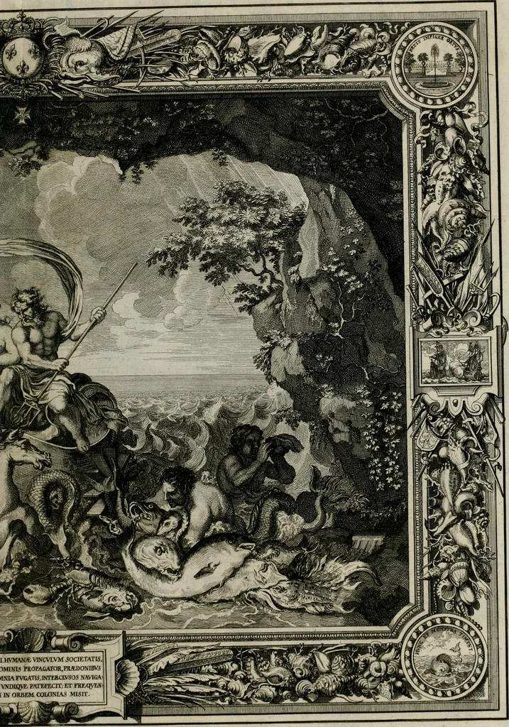 An illustration from Tapisseries du Roy, ou sont representez les quatre elemens et les quatre saisons ; avec les devises qui les accompagnent et leur explication = Königliche französische Tapezereyen, oder überaus schöne Sinn-Bilder, in welchen die vier Element, samt den vier Jahr-Zeiten, neben den Dencksprüchen und ihren Ausslegungen, vorgestellet werden. Aus den Original-Kupffern nachgezeichnet, und den Kunstliebenden zu Nutzen und Ergötzen an den Tag gegeben und verlegt, 1690, leaf 56
