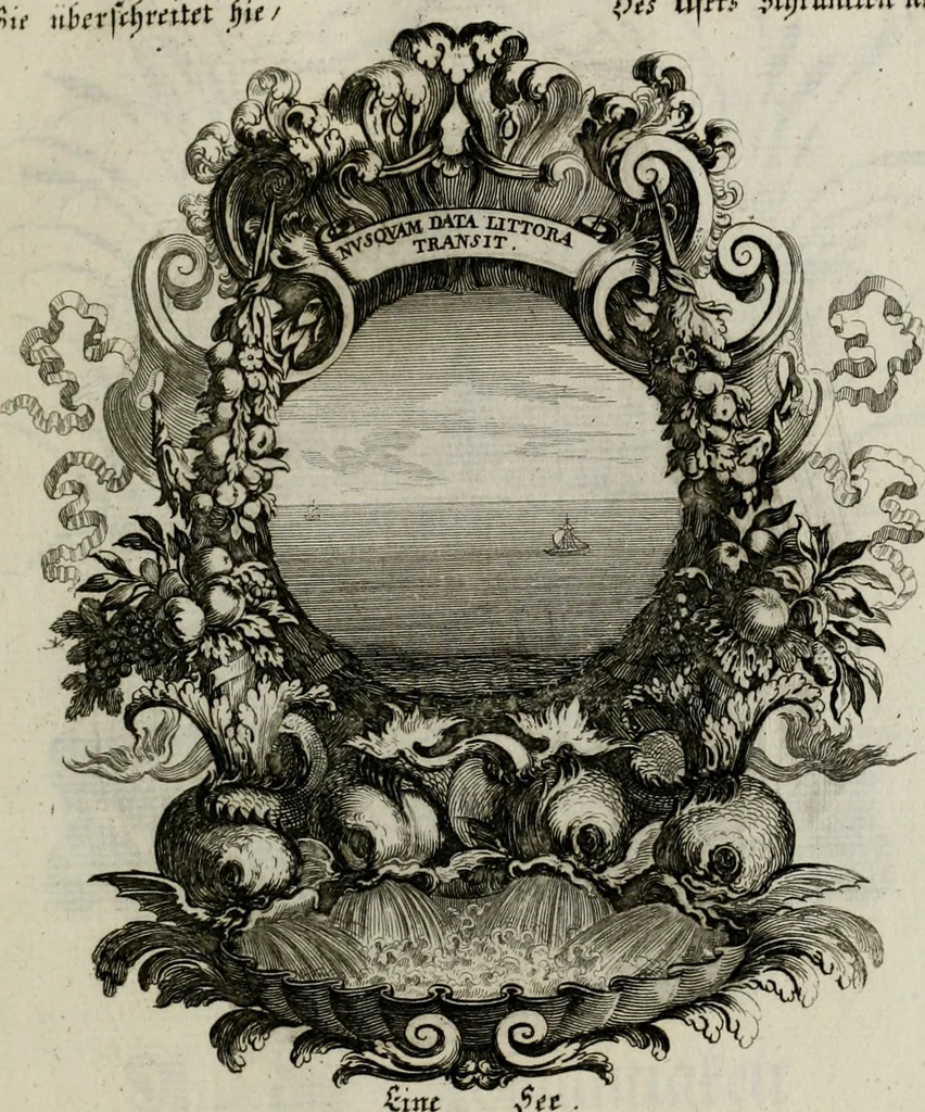 An illustration from Tapisseries du Roy, ou sont representez les quatre elemens et les quatre saisons ; avec les devises qui les accompagnent et leur explication = Königliche französische Tapezereyen, oder überaus schöne Sinn-Bilder, in welchen die vier Element, samt den vier Jahr-Zeiten, neben den Dencksprüchen und ihren Ausslegungen, vorgestellet werden. Aus den Original-Kupffern nachgezeichnet, und den Kunstliebenden zu Nutzen und Ergötzen an den Tag gegeben und verlegt, 1690, leaf 58