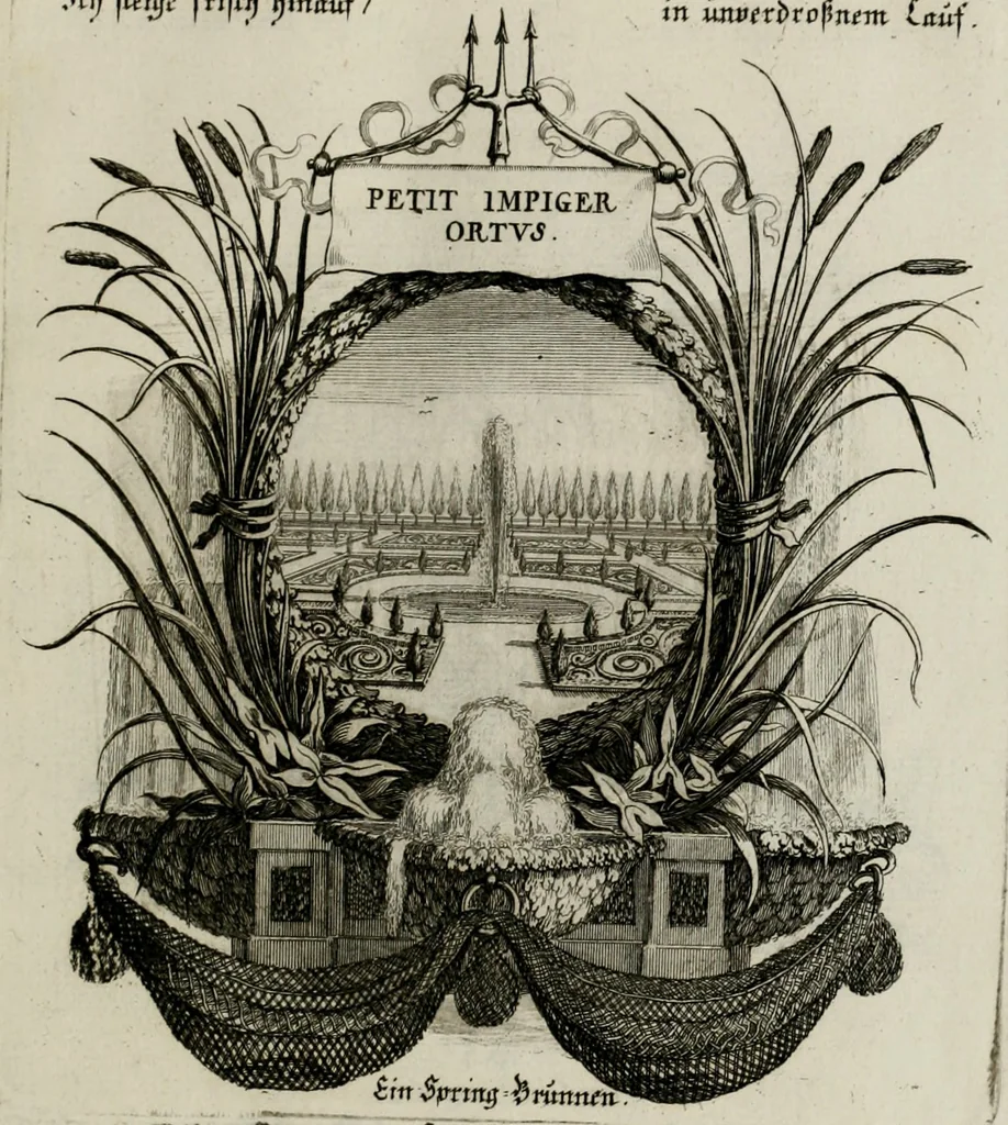 An illustration from Tapisseries du Roy, ou sont representez les quatre elemens et les quatre saisons ; avec les devises qui les accompagnent et leur explication = Königliche französische Tapezereyen, oder überaus schöne Sinn-Bilder, in welchen die vier Element, samt den vier Jahr-Zeiten, neben den Dencksprüchen und ihren Ausslegungen, vorgestellet werden. Aus den Original-Kupffern nachgezeichnet, und den Kunstliebenden zu Nutzen und Ergötzen an den Tag gegeben und verlegt, 1690, leaf 60