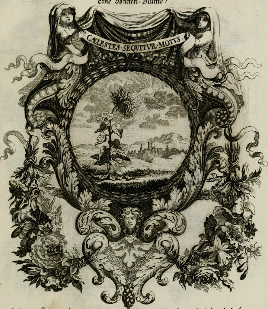 An illustration from Tapisseries du Roy, ou sont representez les quatre elemens et les quatre saisons ; avec les devises qui les accompagnent et leur explication = Königliche französische Tapezereyen, oder überaus schöne Sinn-Bilder, in welchen die vier Element, samt den vier Jahr-Zeiten, neben den Dencksprüchen und ihren Ausslegungen, vorgestellet werden. Aus den Original-Kupffern nachgezeichnet, und den Kunstliebenden zu Nutzen und Ergötzen an den Tag gegeben und verlegt, 1690, leaf 74