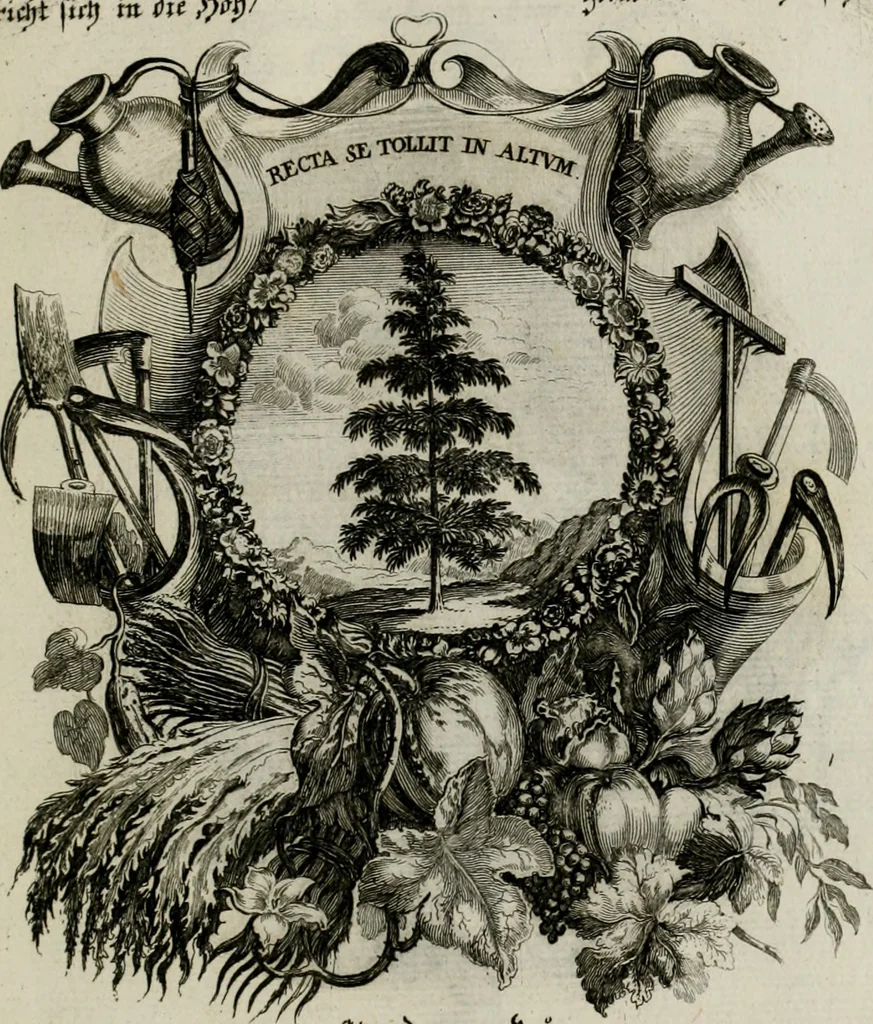An illustration from Tapisseries du Roy, ou sont representez les quatre elemens et les quatre saisons ; avec les devises qui les accompagnent et leur explication = Königliche französische Tapezereyen, oder überaus schöne Sinn-Bilder, in welchen die vier Element, samt den vier Jahr-Zeiten, neben den Dencksprüchen und ihren Ausslegungen, vorgestellet werden. Aus den Original-Kupffern nachgezeichnet, und den Kunstliebenden zu Nutzen und Ergötzen an den Tag gegeben und verlegt, 1690, leaf 76