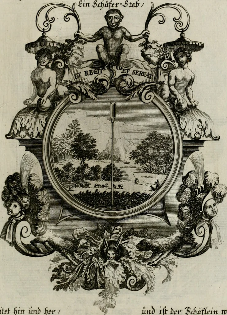 An illustration from Tapisseries du Roy, ou sont representez les quatre elemens et les quatre saisons ; avec les devises qui les accompagnent et leur explication = Königliche französische Tapezereyen, oder überaus schöne Sinn-Bilder, in welchen die vier Element, samt den vier Jahr-Zeiten, neben den Dencksprüchen und ihren Ausslegungen, vorgestellet werden. Aus den Original-Kupffern nachgezeichnet, und den Kunstliebenden zu Nutzen und Ergötzen an den Tag gegeben und verlegt, 1690, leaf 78